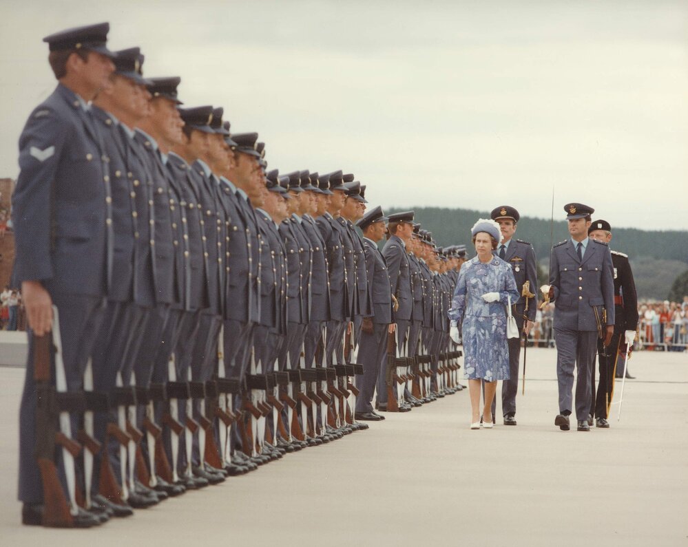 Queen Elizabeth II inspecting a Royal Australian Air Force parade in Canberra during her 1977 official visit to Australia.