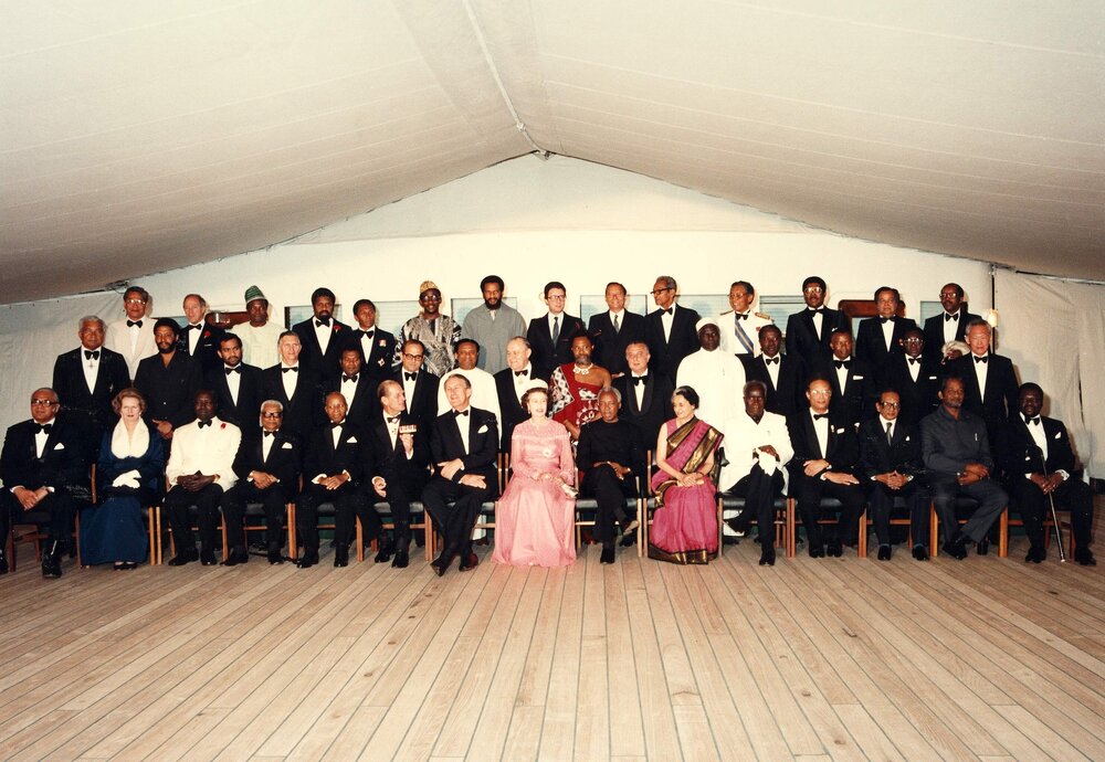 Commonwealth Heads of Government participants with Queen Elizabeth II and the Duke of Edinburgh.