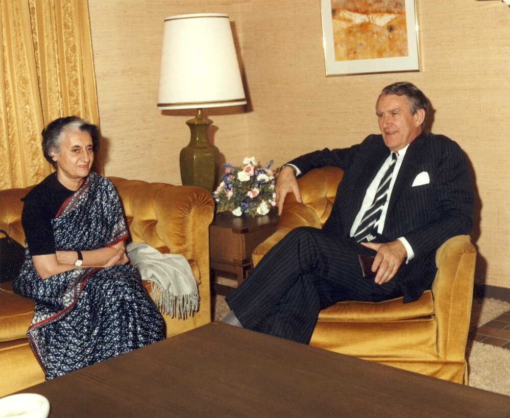 Malcolm Fraser with the Prime Minister of India Mrs Indira Gandhi at the Commonwealth Heads of Government Meeting in Melbourne.