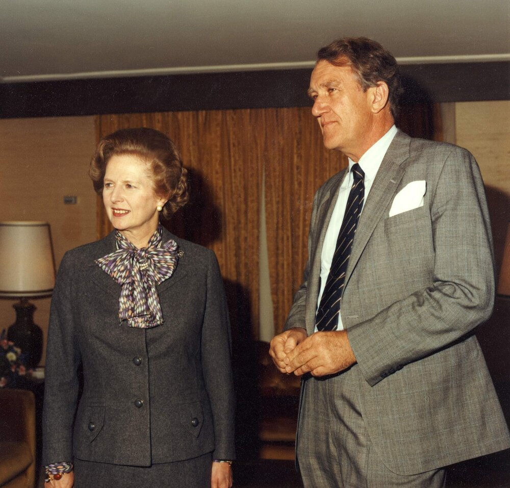 Malcolm Fraser with the Prime Minister of Britain Mrs Margaret Thatcher at the Commonwealth Heads of Government Meeting in Melbourne.