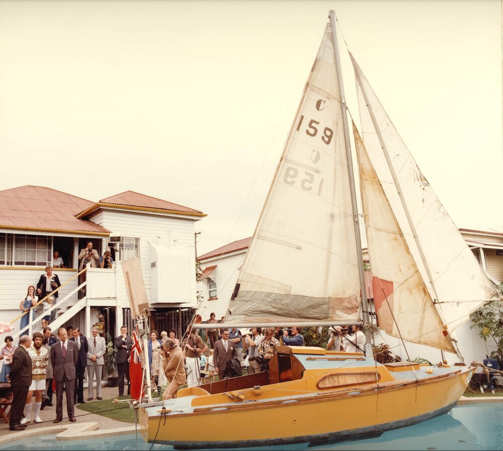 The Duke of Edinburgh in Brisbane with English sailor Shane Acton  alongside Acton's sailboat 'Super Shrimp' during the 1977 Royal Visit.