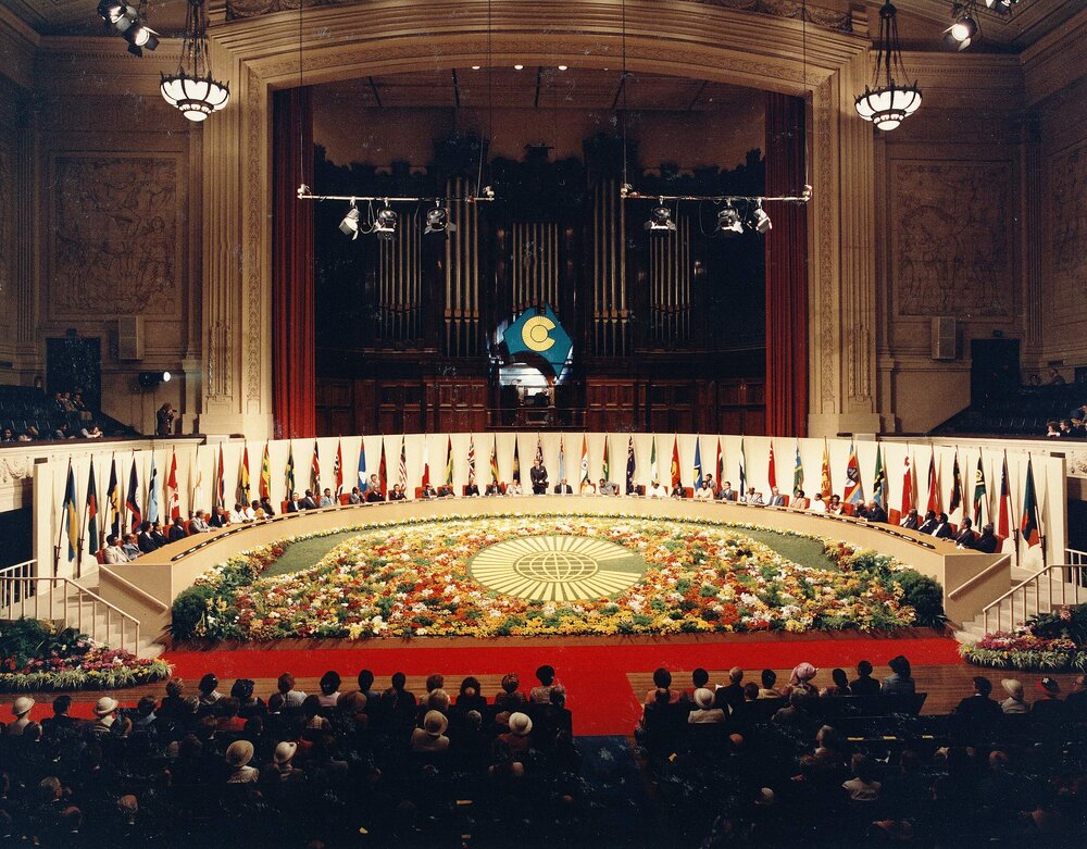 Malcolm Fraser addressing the Commonwealth Heads of Government Meeting in the Melbourne Town Hall.