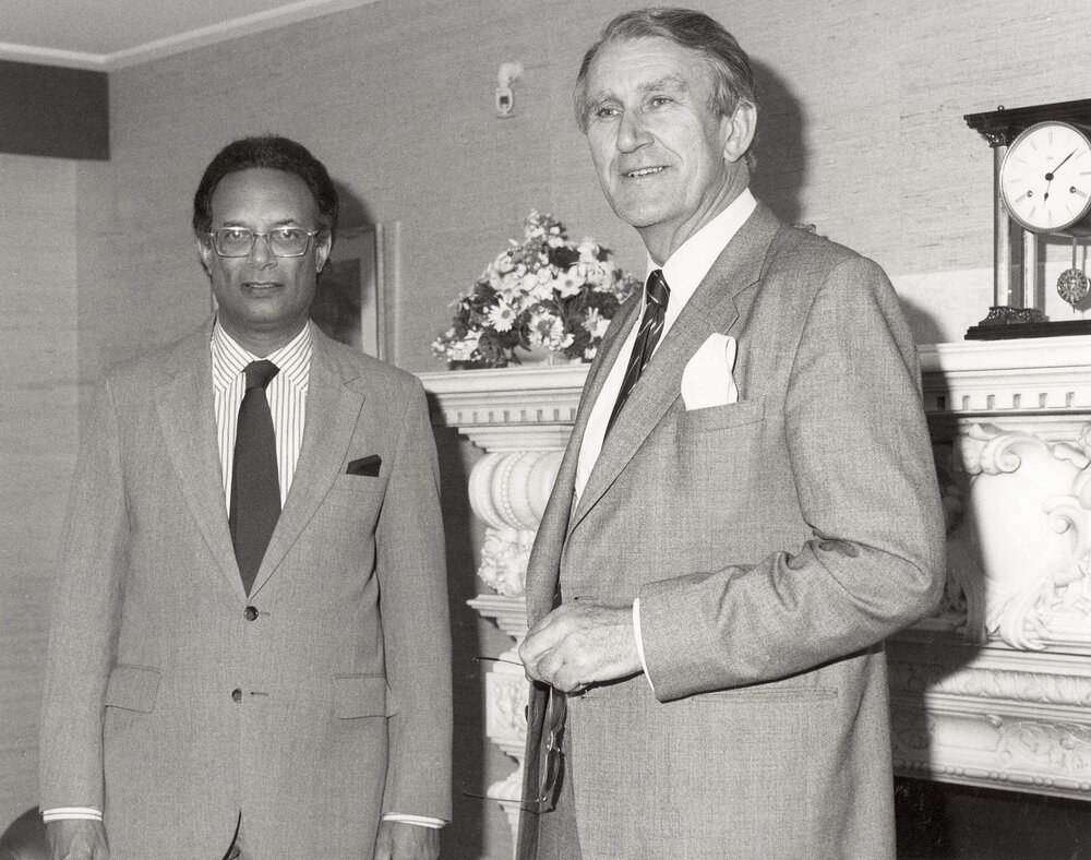 Malcolm Fraser with the Prime Minister of Barbados the Rt Hon John Michael Geoffrey Manningham Adams at the Commonwealth Heads of Government Meeting in Melbourne.