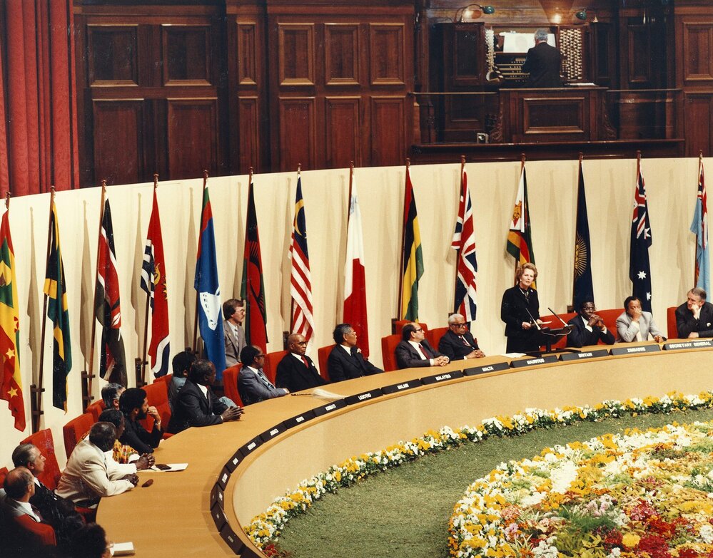 The Prime Minister of Britain Mrs Margaret Thatcher addressing the Commonwealth Heads of Government Meeting in the Melbourne Town Hall.