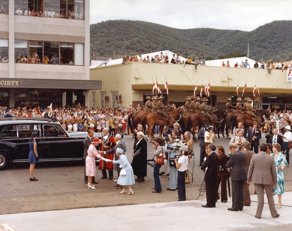Queen Elizabeth II and the Duke of Edinburgh being welcomed to Tamworth by the Mayor and his wife during their 1977 official visit to Australia.