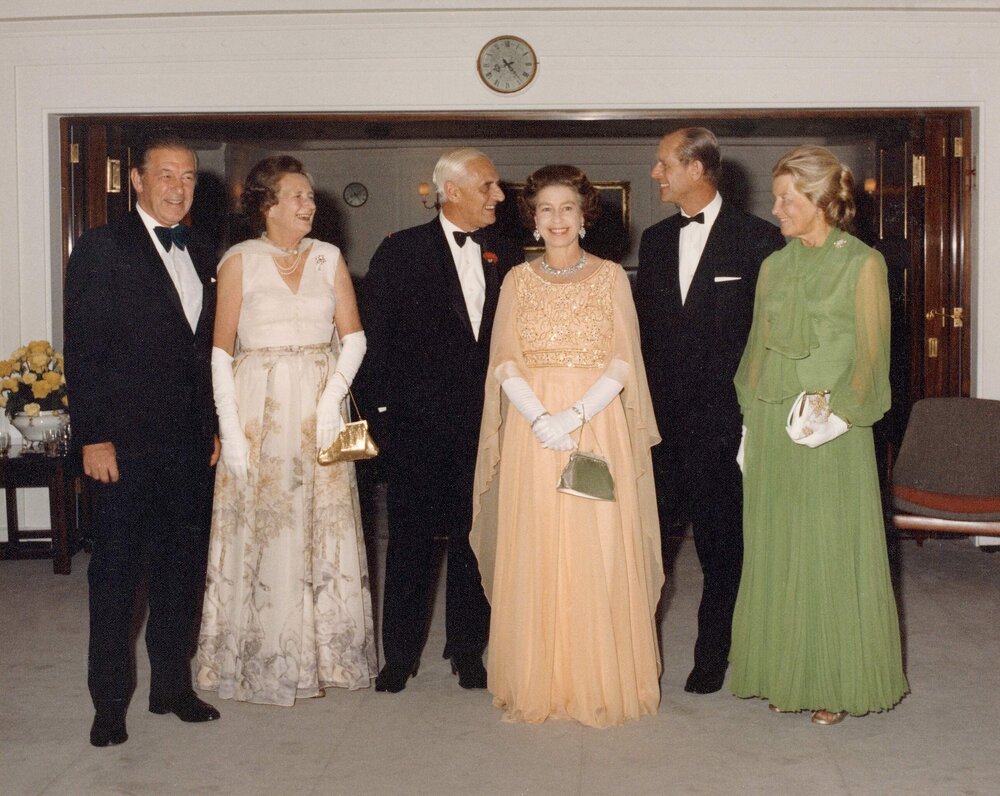 Queen Elizabeth II with the Governor of Victoria, Premier of Victoria and others during her 1977 official visit to Australia.