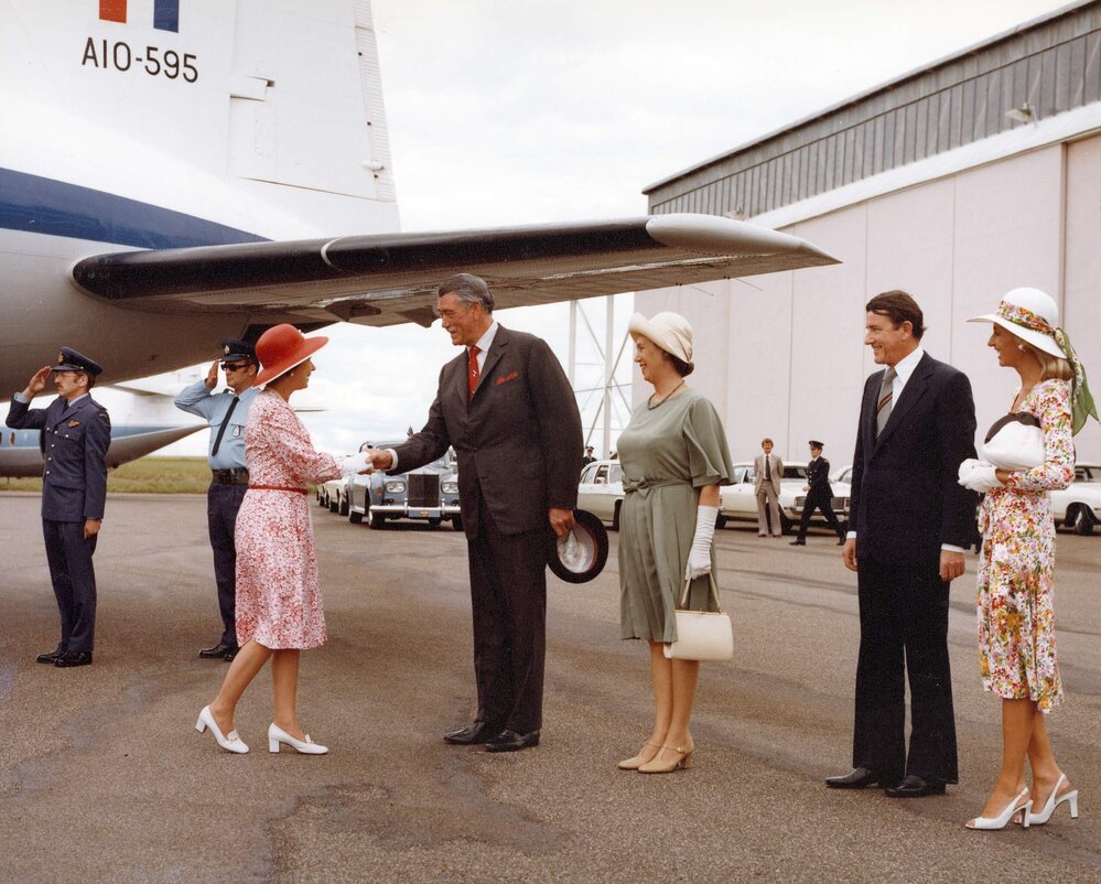 Queen Elizabeth II being welcomed by the Governor of New South Wales Sir Roden Cutler during her 1977 official visit to Australia.