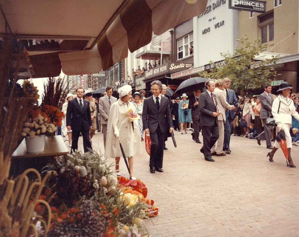 Queen Elizabeth II and the Premier of South Australia Don Dunstan walking in Rundle Mall, Adelaide, during her 1977 official visit to Australia.