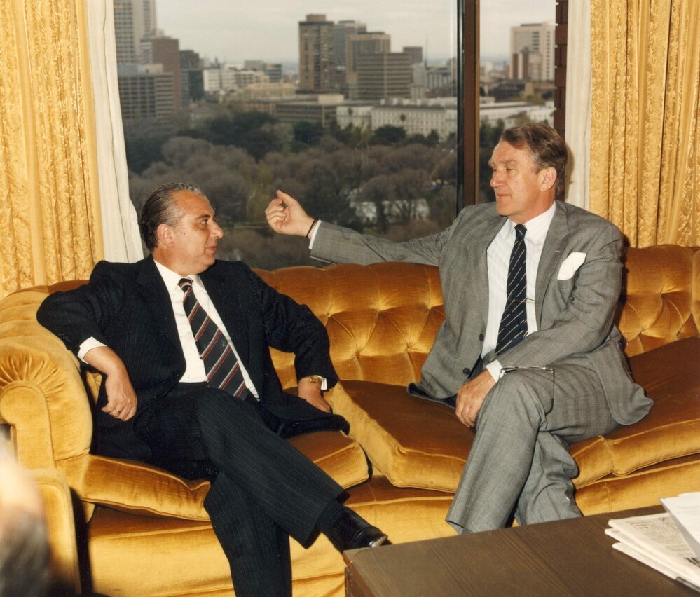 Malcolm Fraser with the President of Cyprus Mr Spyros Kyprianou at the Commonwealth Heads of Government Meeting in Melbourne.