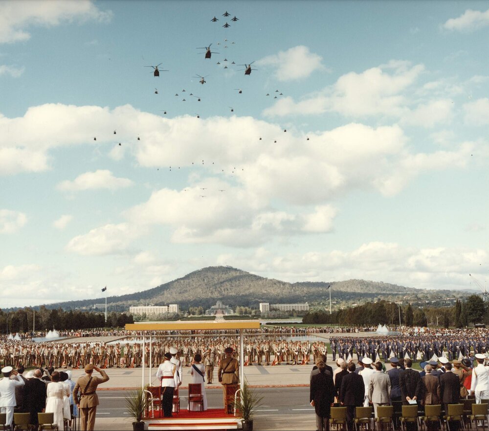 A parade of Australian Military Forces viewed from the steps of Old Parliament House Canberra in 1977.