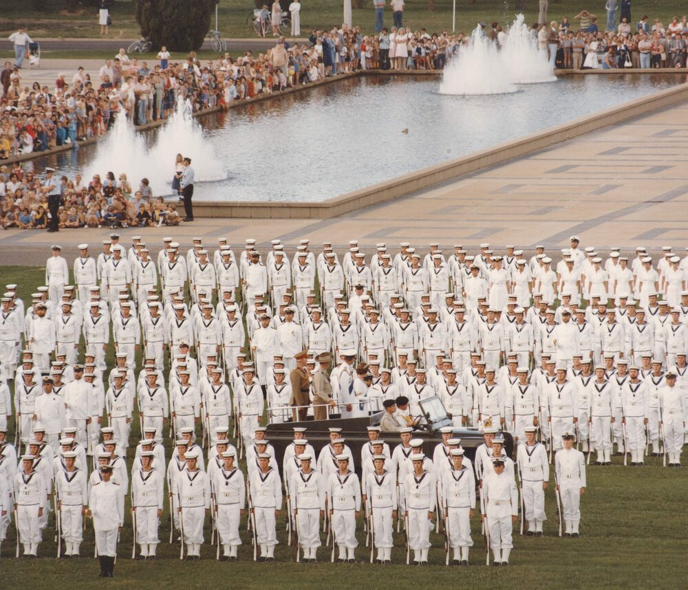 Queen Elizabeth II in Canberra inspecting lines of Royal Australian Navy personal during her 1977 official visit to Australia.