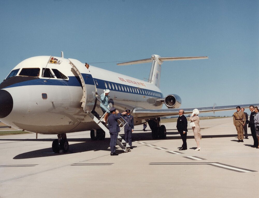 Queen Elizabeth II alighting from a Royal Air Force aircraft in Launceston, Tasmania, during her 1977 official Australian visit.