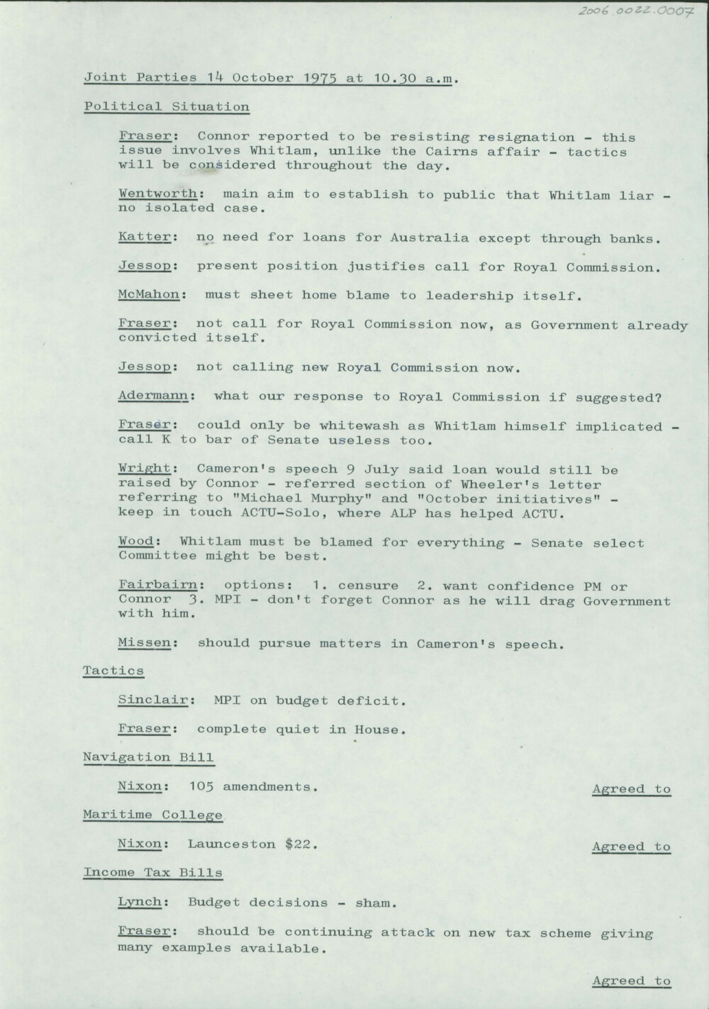 Minutes of Joint Parties meeting 14 October 1975