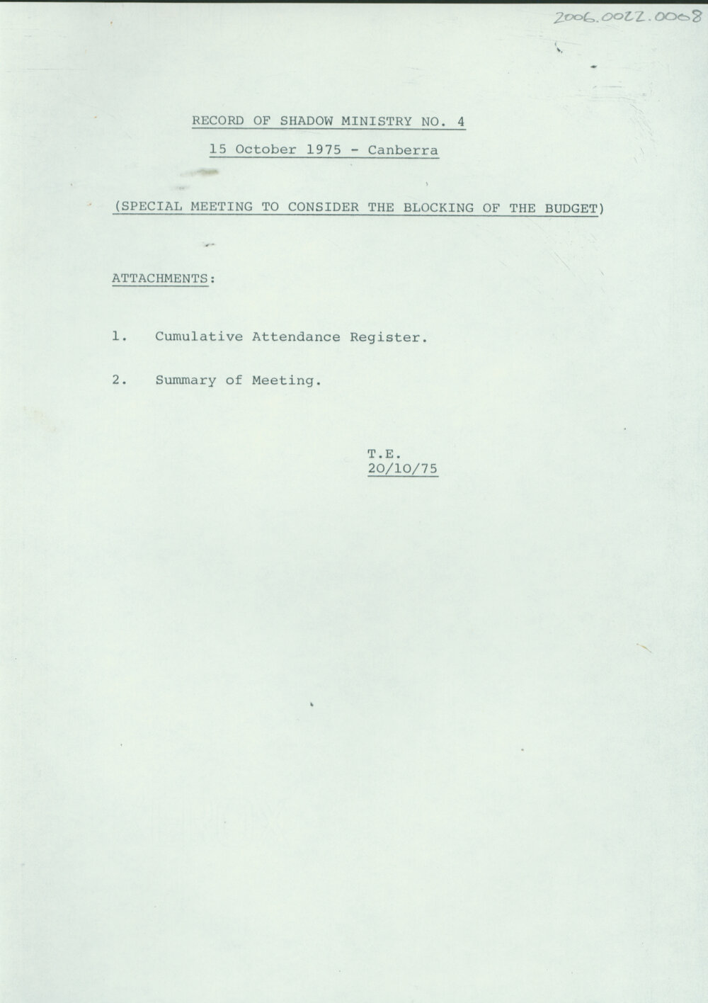 Record of Shadow Ministry No. 4