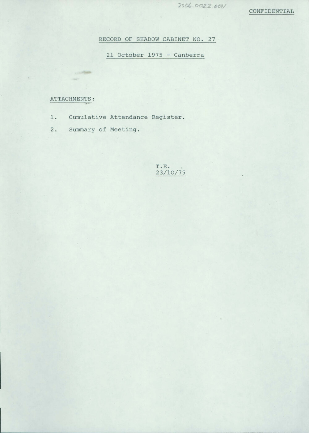 Record of Shadow Cabinet No. 27