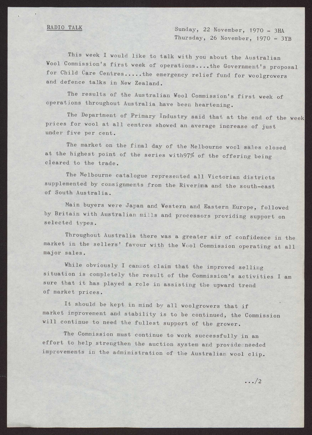 Australian Wool Commission, child care centres, emergency relief for woolgrowers, defence talks in New Zealand