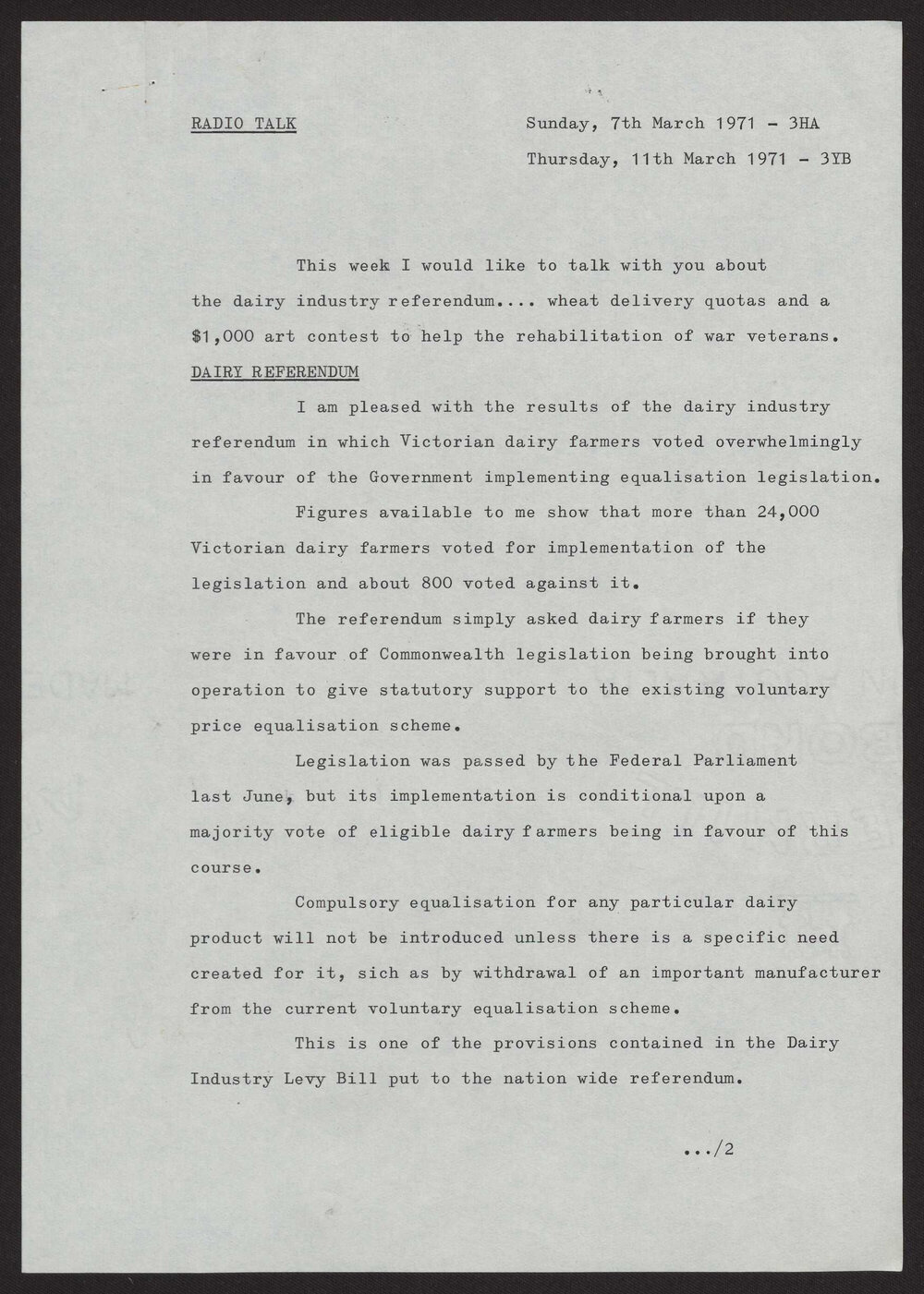 Dairy referendum, wheat delivery quotas, rehabilitation of war veterans