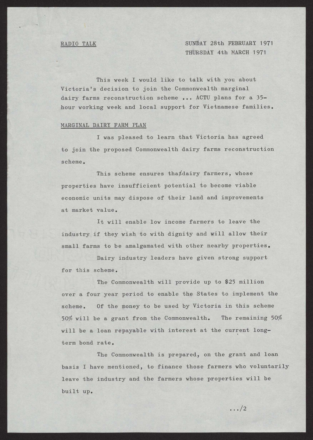Marginal dairy farm plan, 35-hour week, Vietnamese refugees