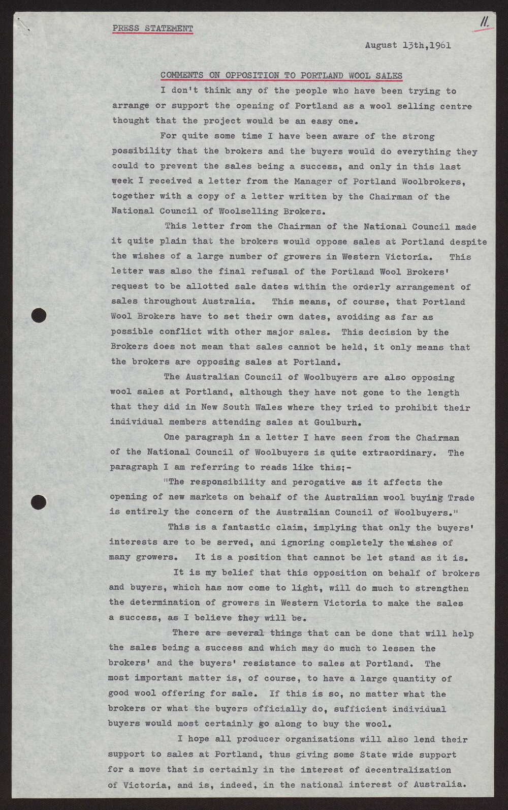 Comments on opposition to Portland wool sales