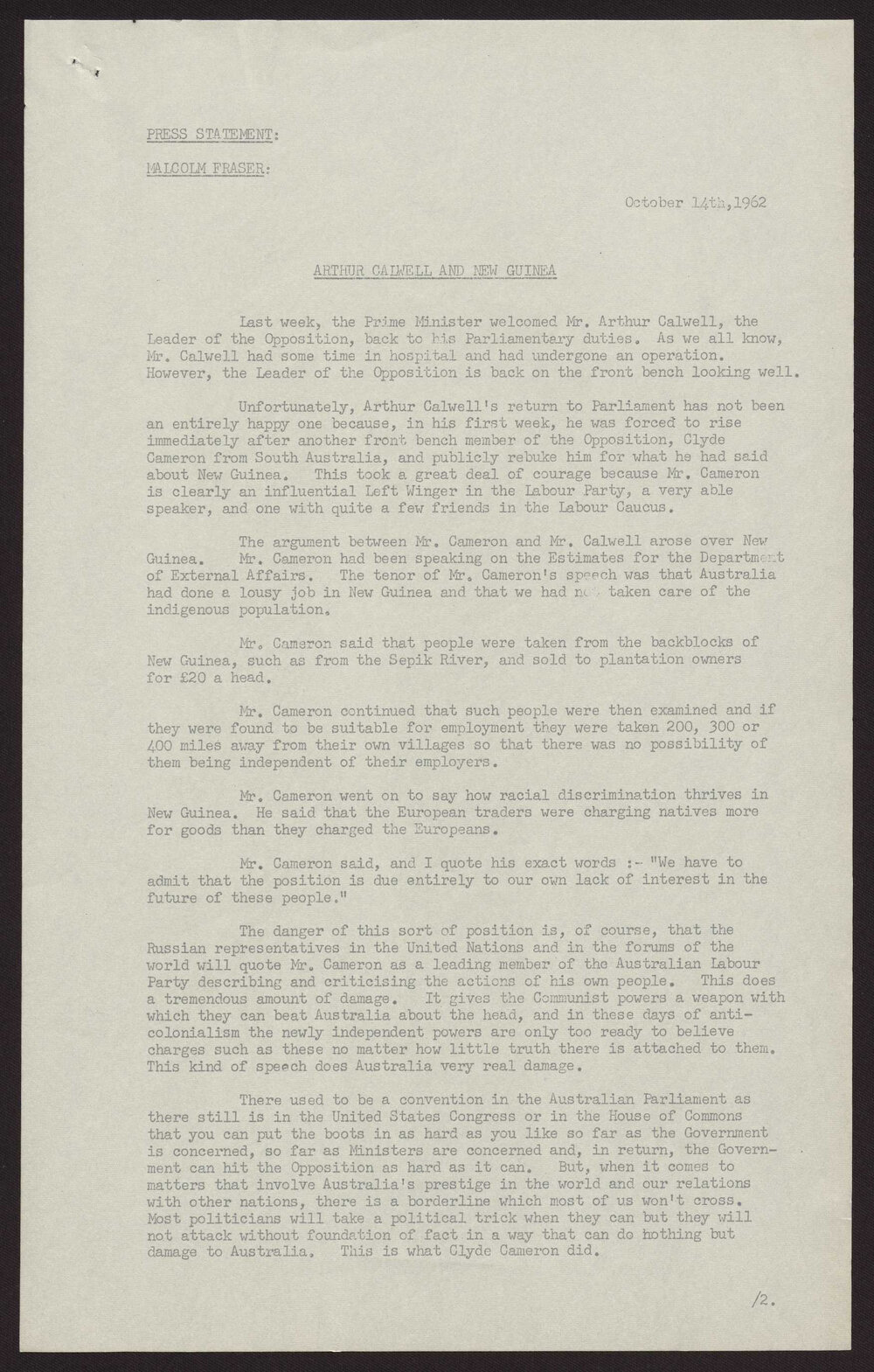 Arthur Calwell and New Guinea