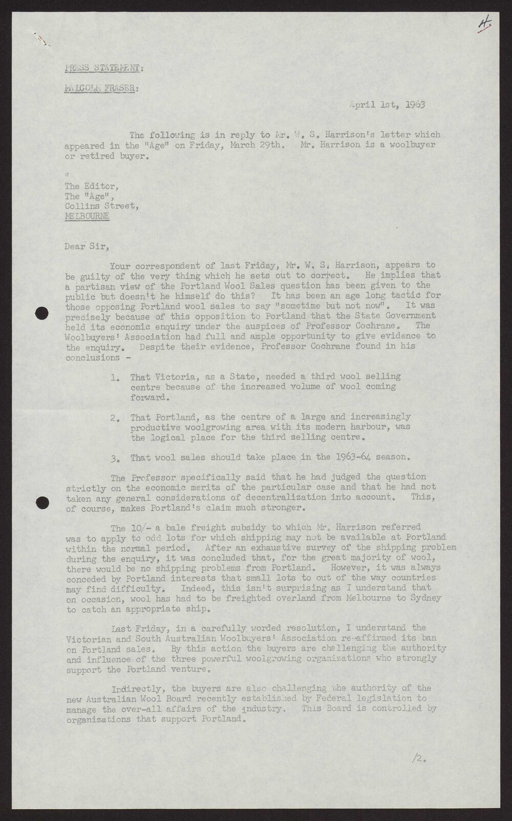 Reply to letter in "The Age" regarding Portland wool sales