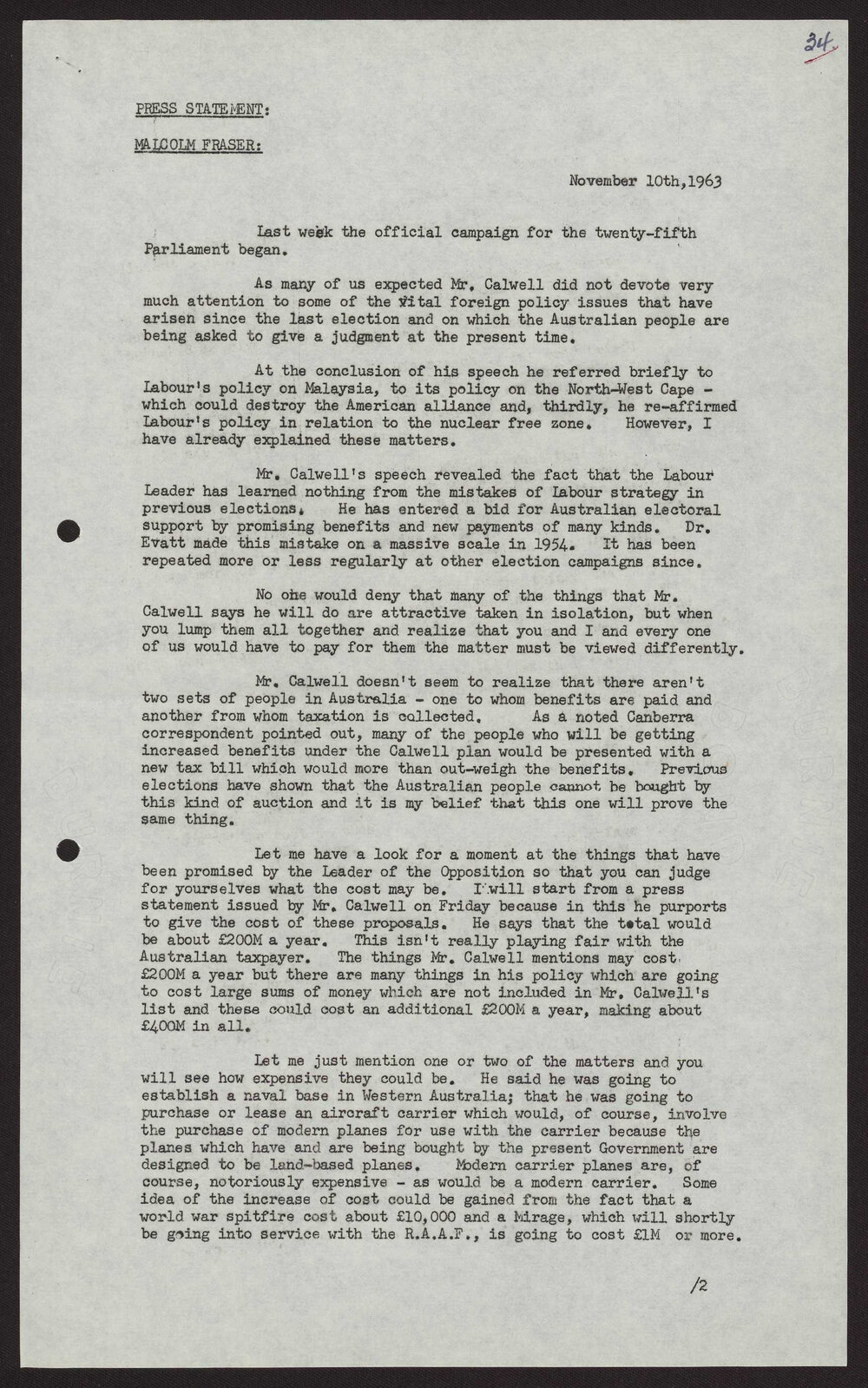 Opening of 1963 federal election campaign