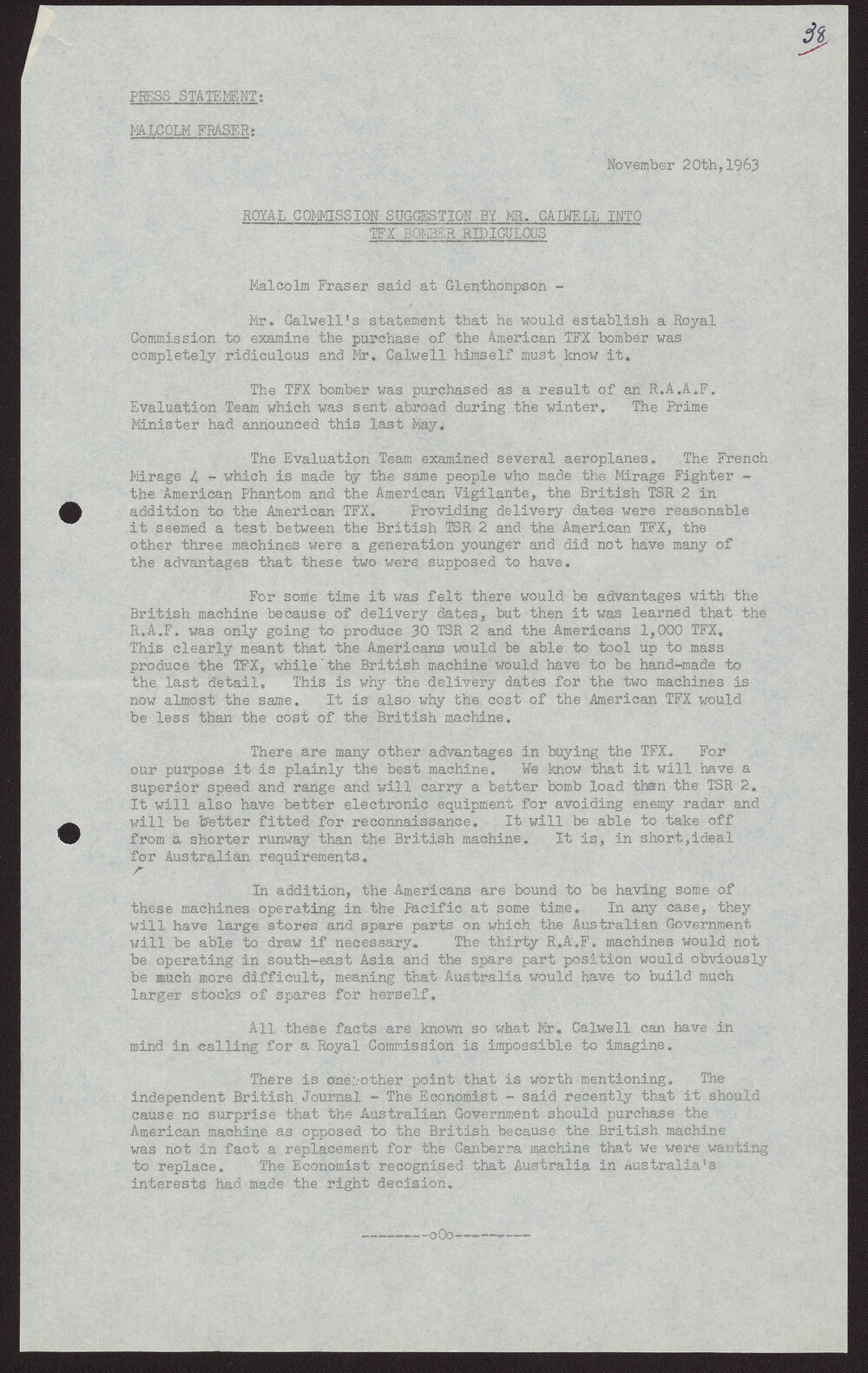 Royal commission suggestion by Mr Calwell into TXF bomber ridiculous