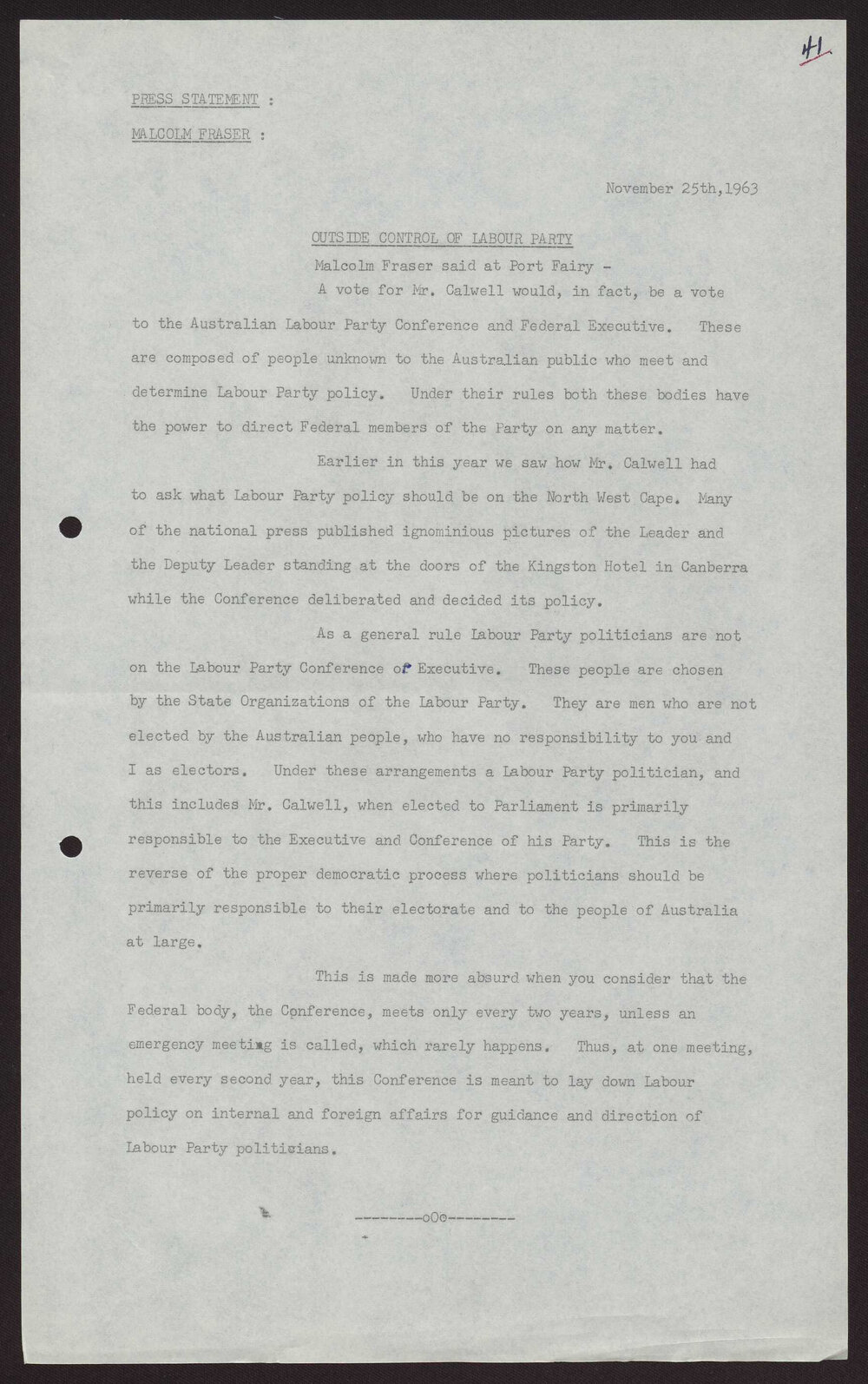 Outside control of the Labour [sic] Party