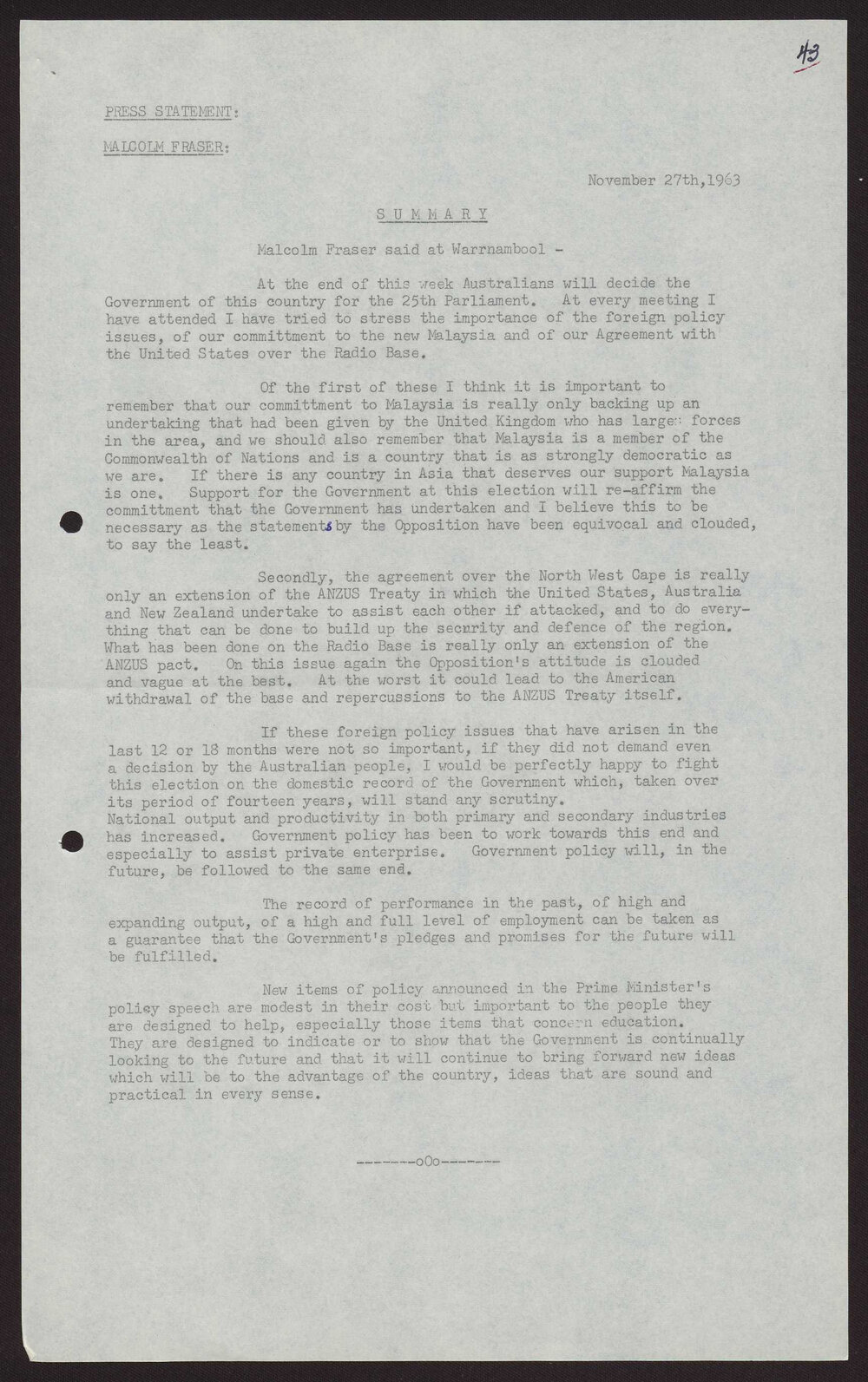 Summary of election campaign (Malaysia, ANZUS Treaty, foreign policy)