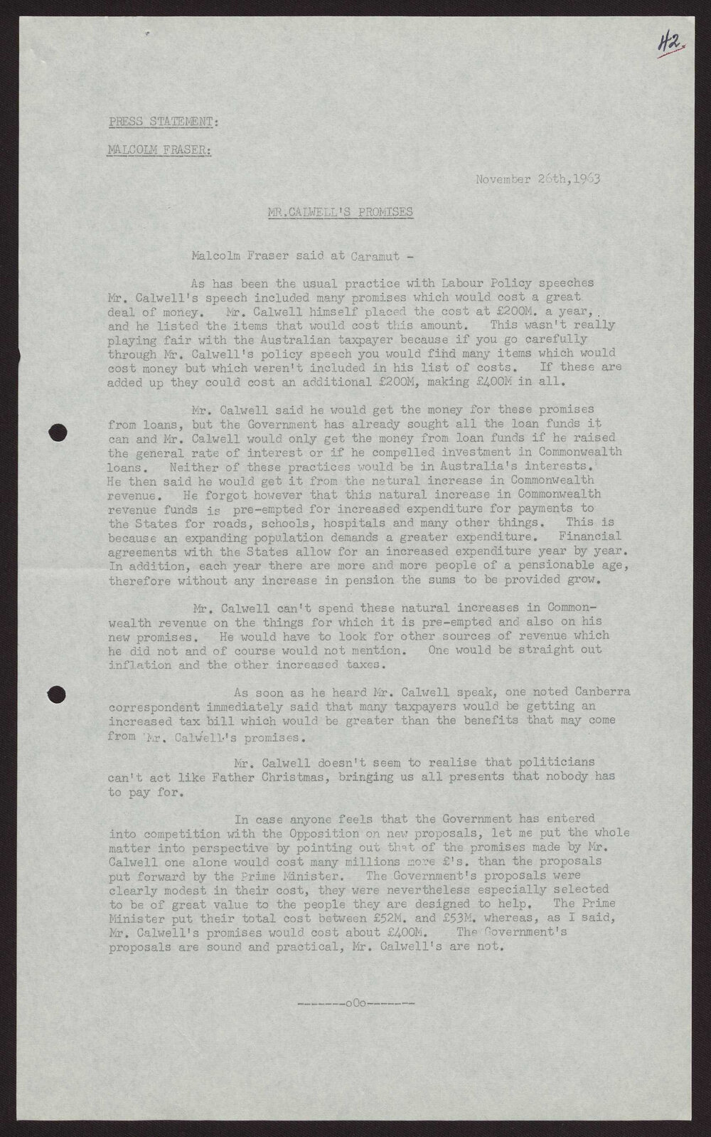 Mr Calwell's promises