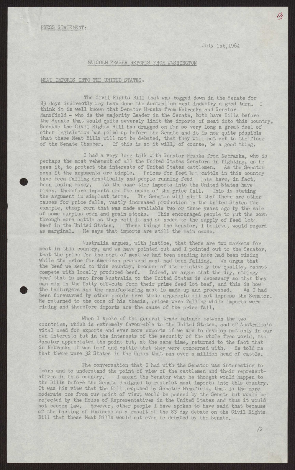 Reports from Washington, meat imports into the United States