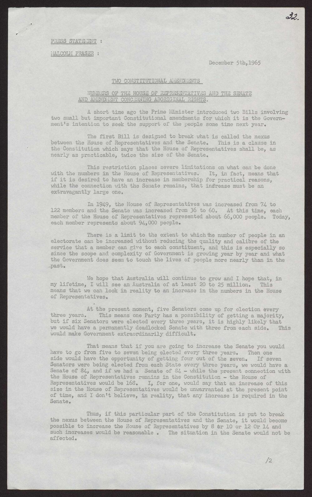 Two constitutional amendments - numbers of House and Senate, Aboriginal rights
