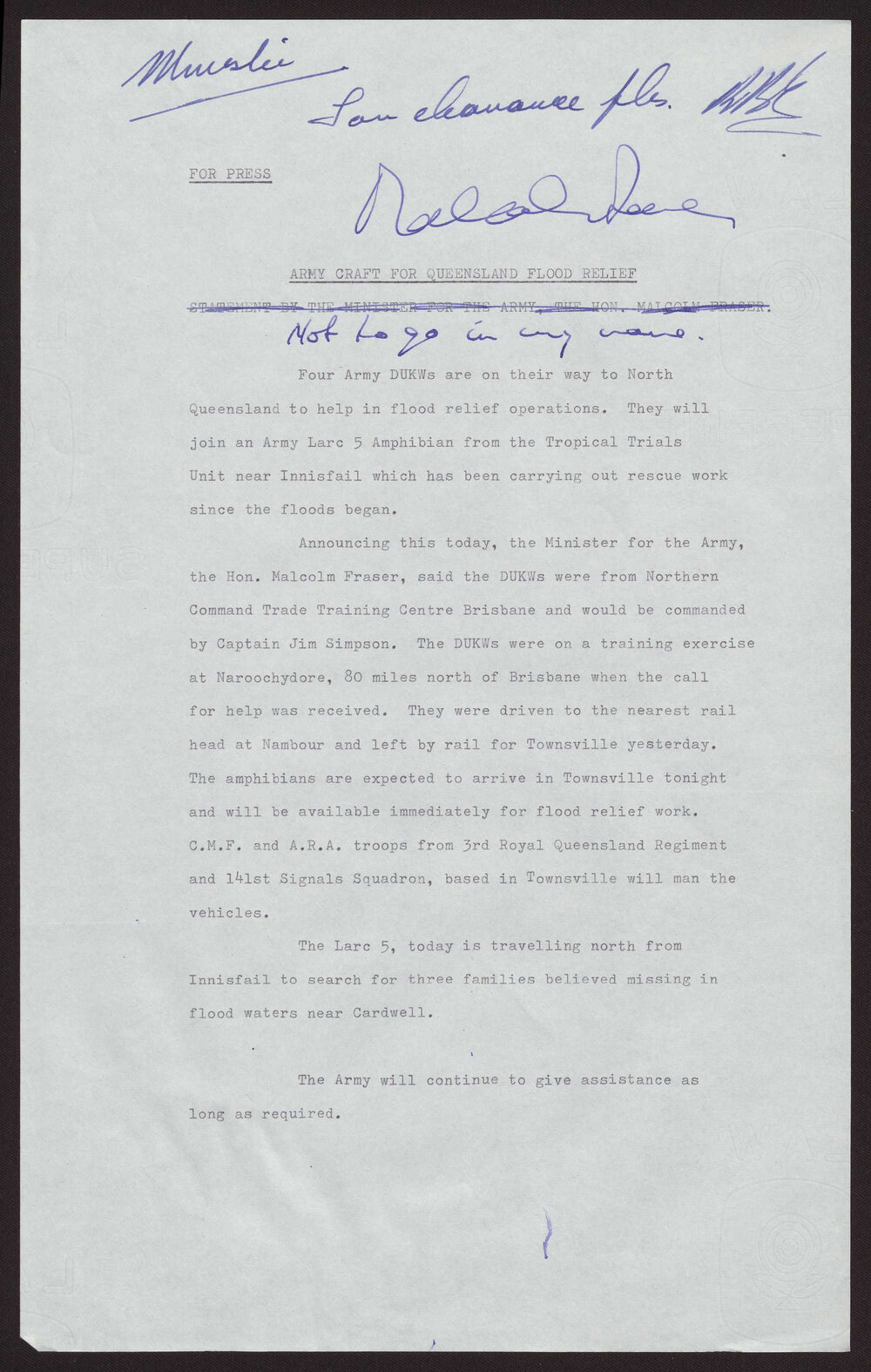 Army craft for Queensland flood relief