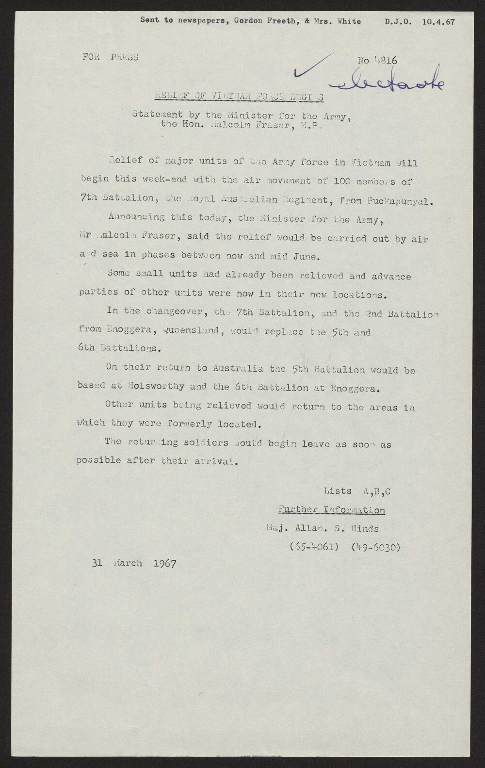 Relief of Vietnam force begins