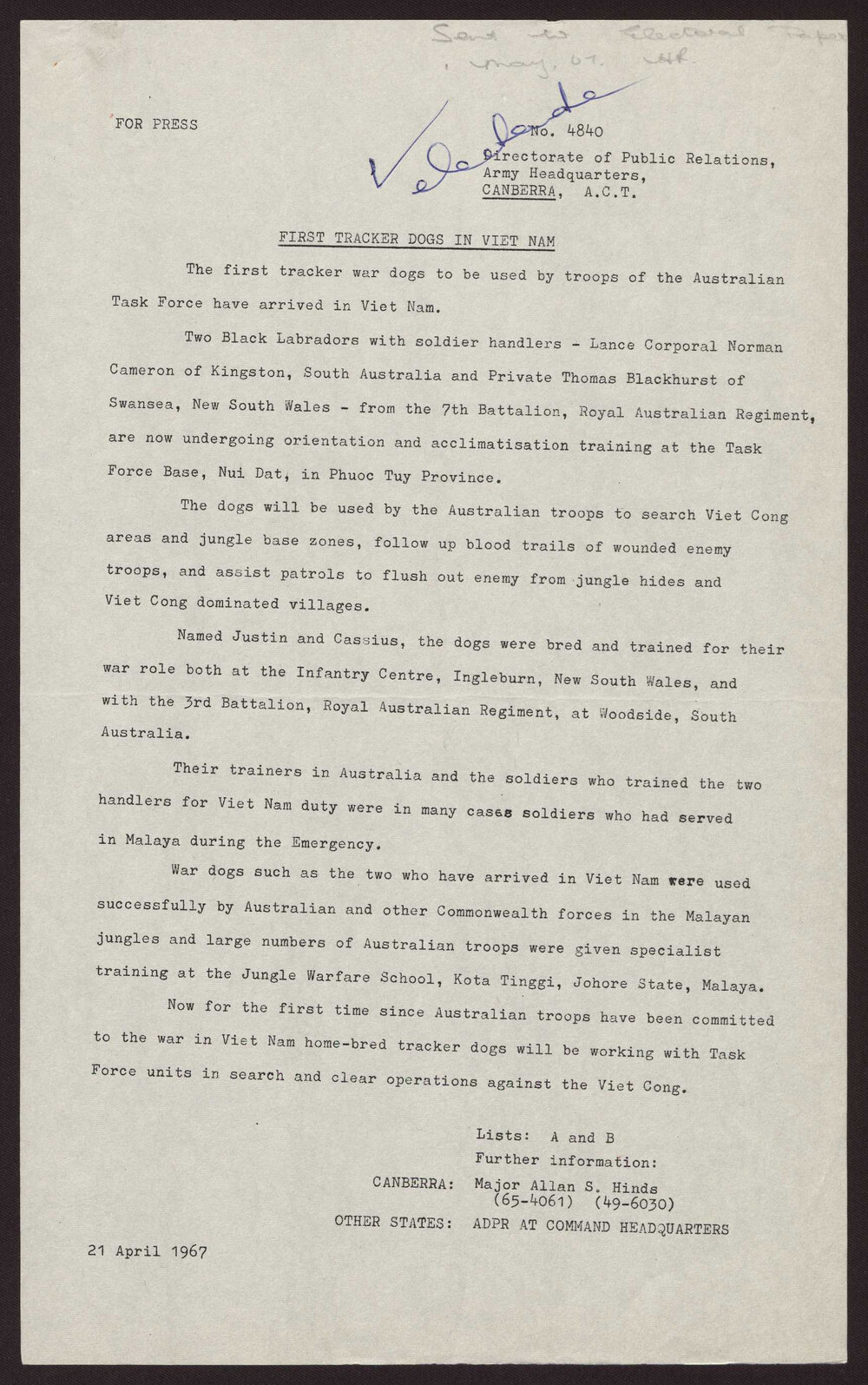 First tracker dogs in Vietnam