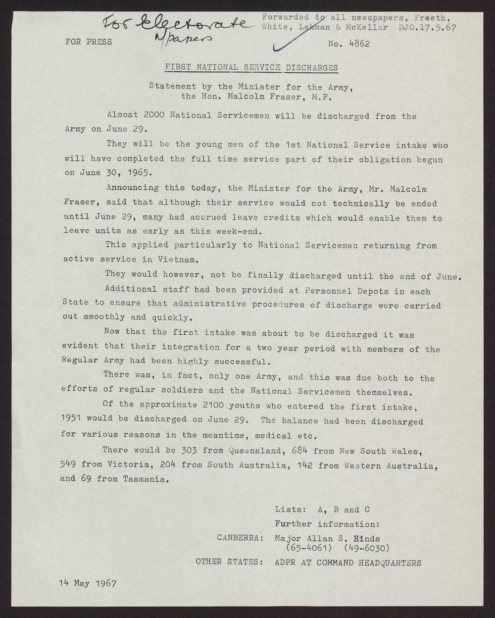 First national service discharges