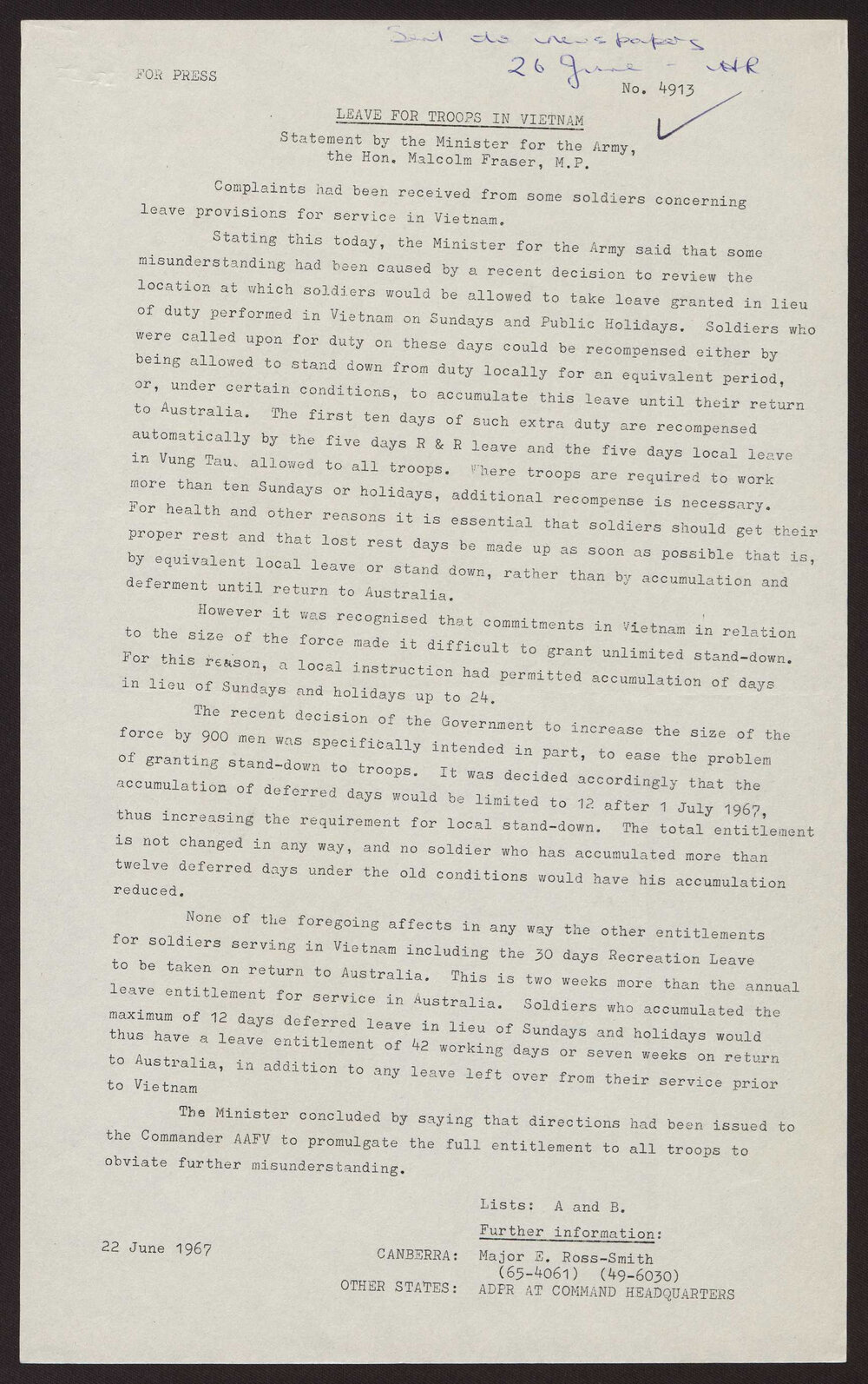 Leave for troops in Vietnam