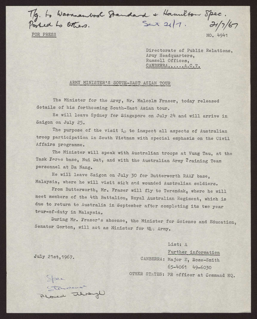 Army minister's South East Asian tour