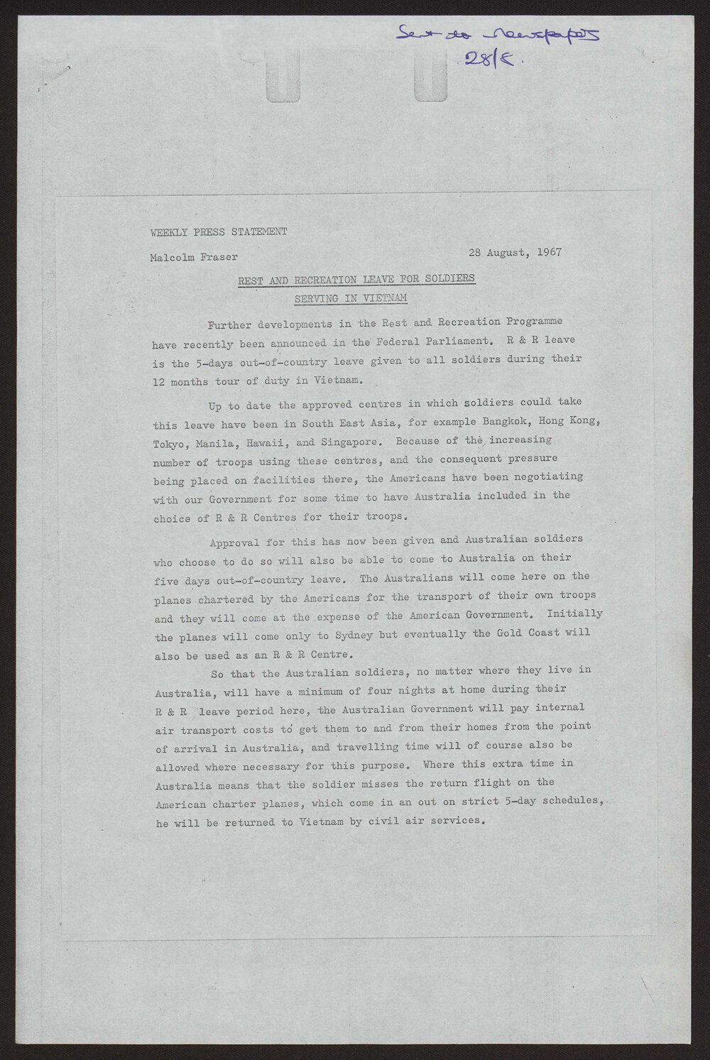 Rest and recreation leave for soldiers serving in Vietnam