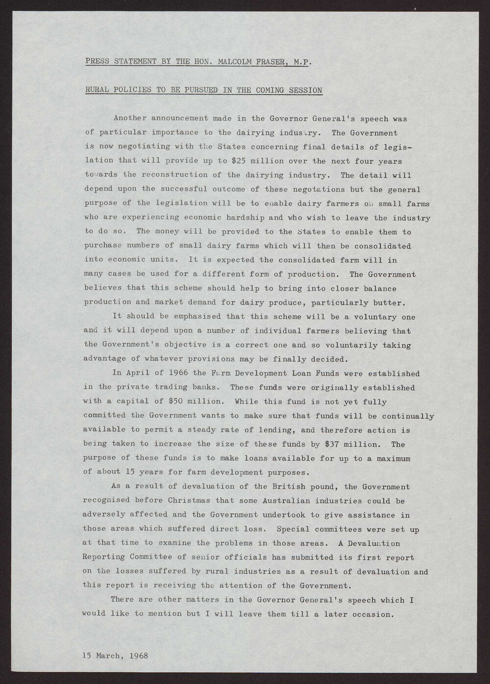 Rural policies to be pursued in the coming session