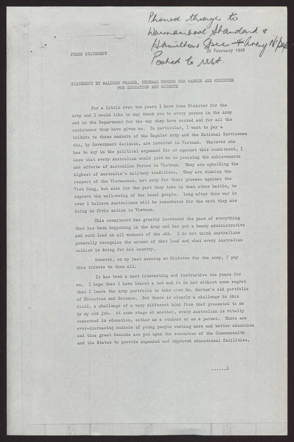 Last statement as Minister for the Army