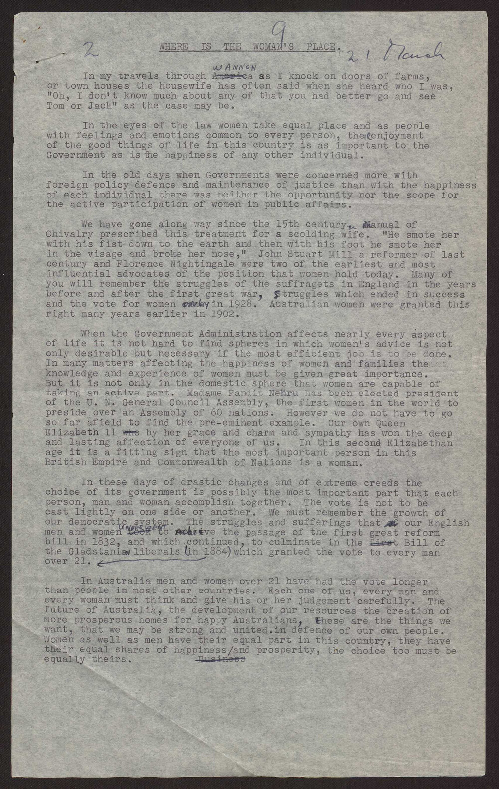 Where is the women's place?