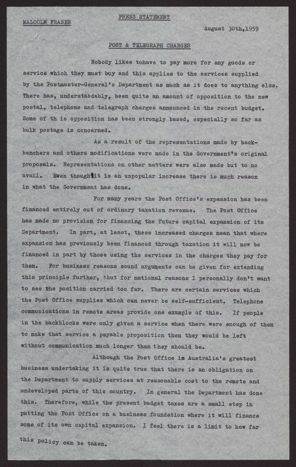 Post and telegraph charges