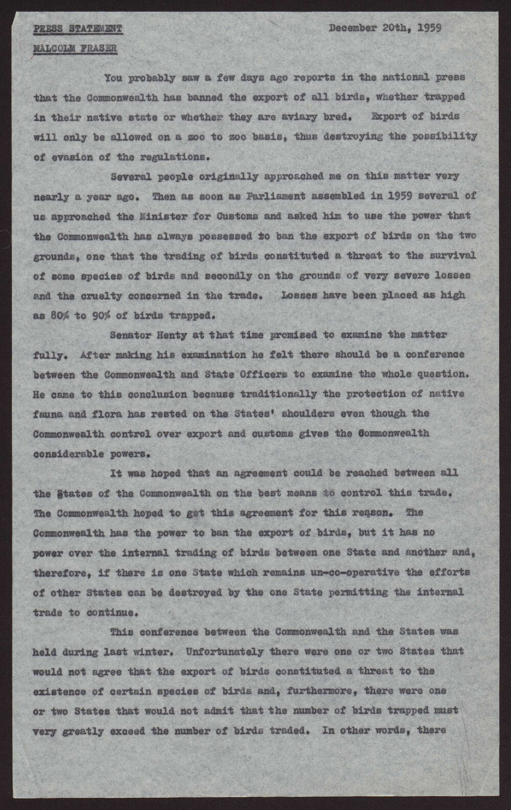 Commonwealth ban on export of birds
