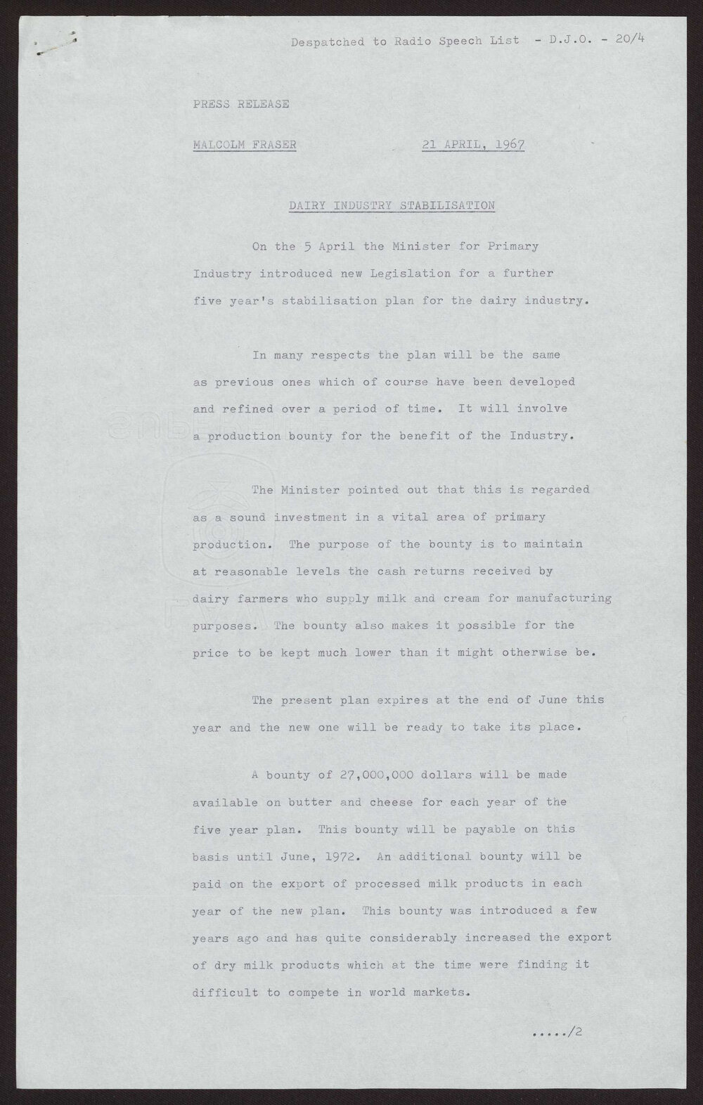 Dairy industry stabilisation