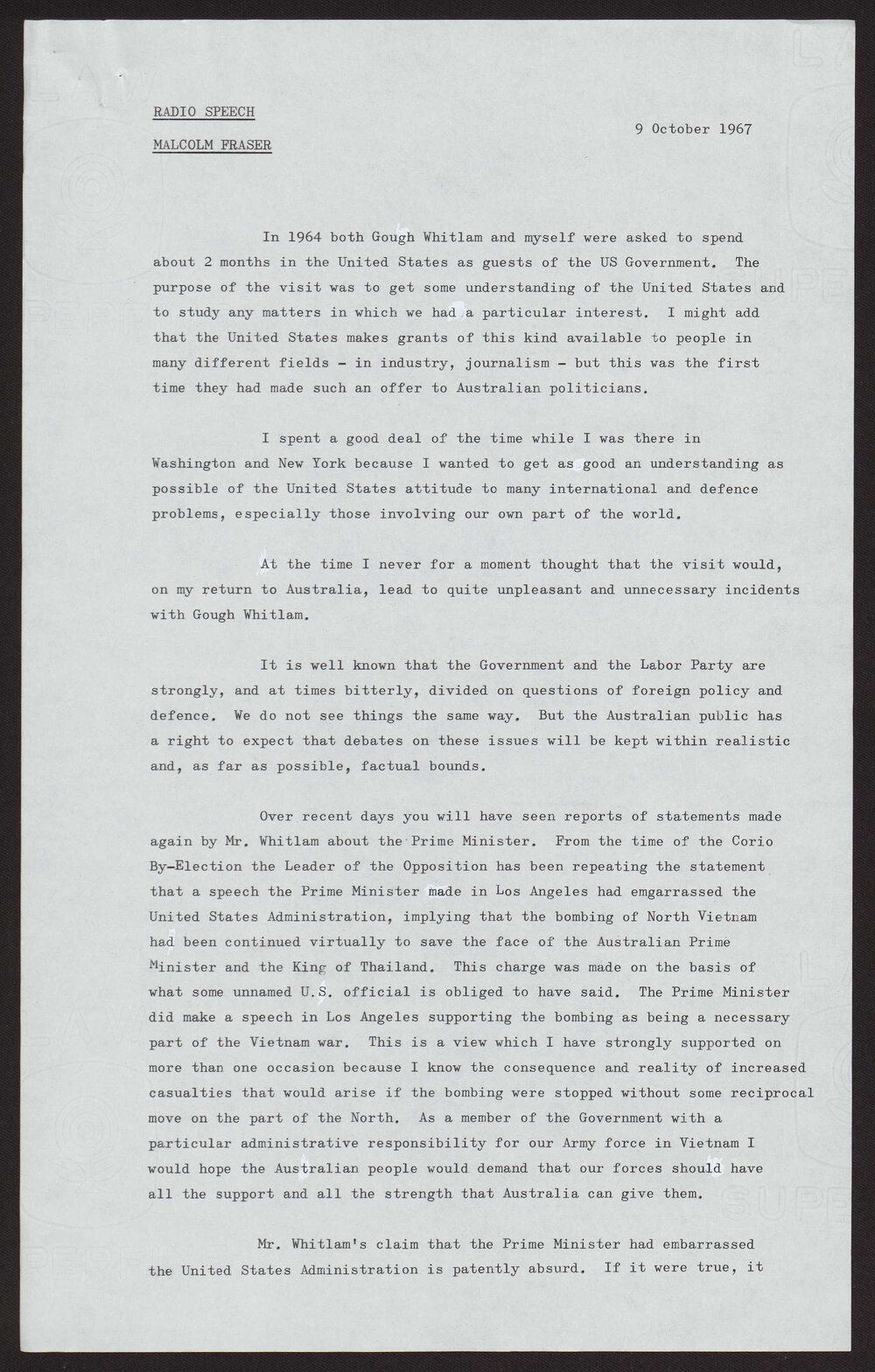 Mr Fraser's visit to the USA (Labor Party)