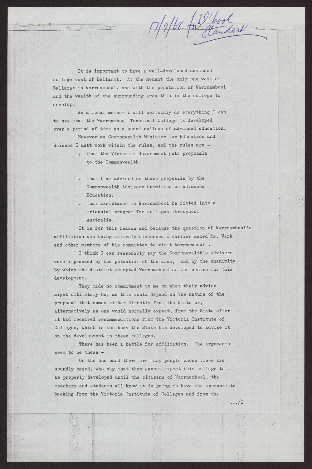 Establishment of college west of Ballarat