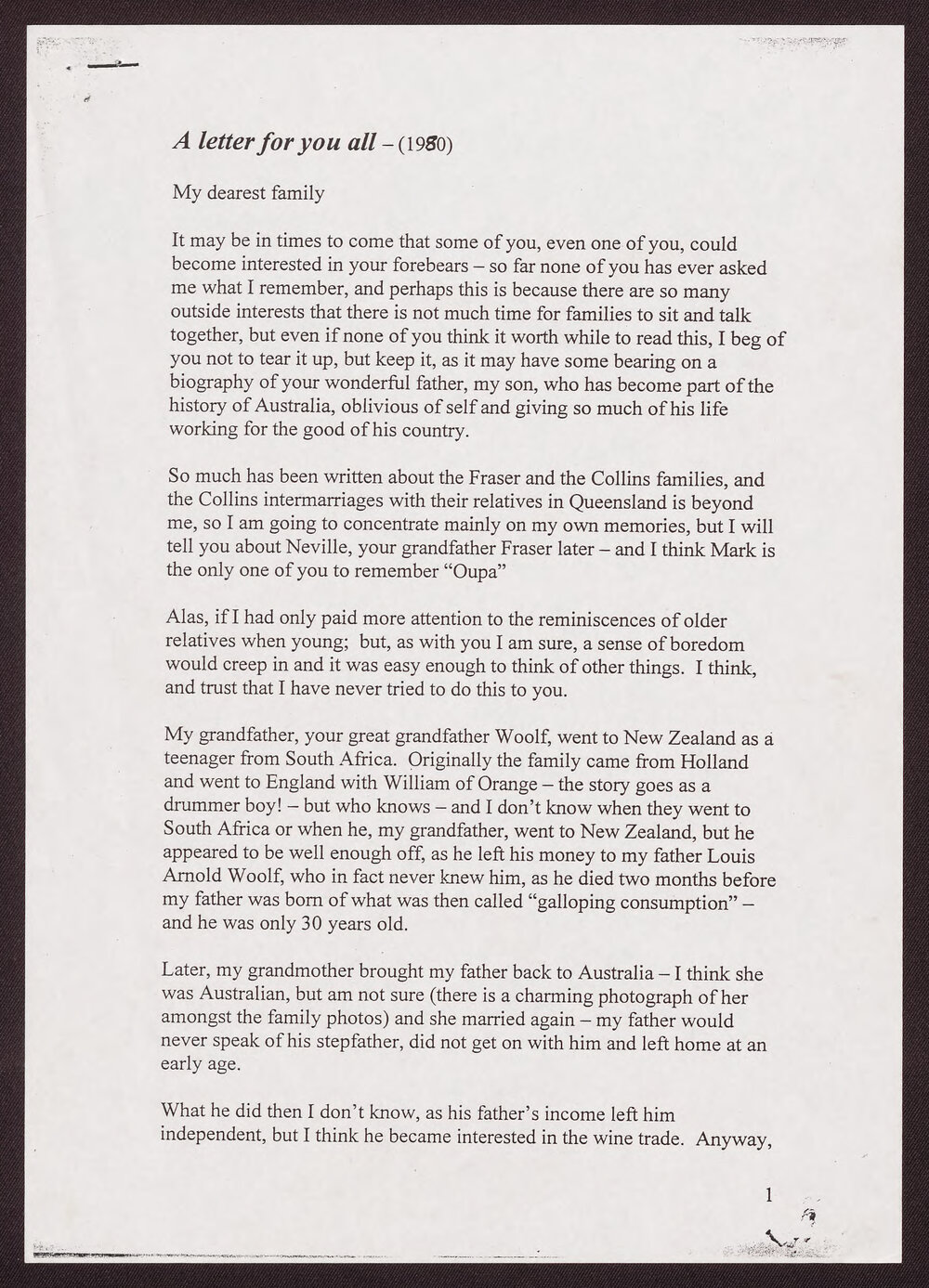 &ldquo;Notes on family history&rdquo; and &ldquo;Malcolm&rdquo; - reminiscences by Una