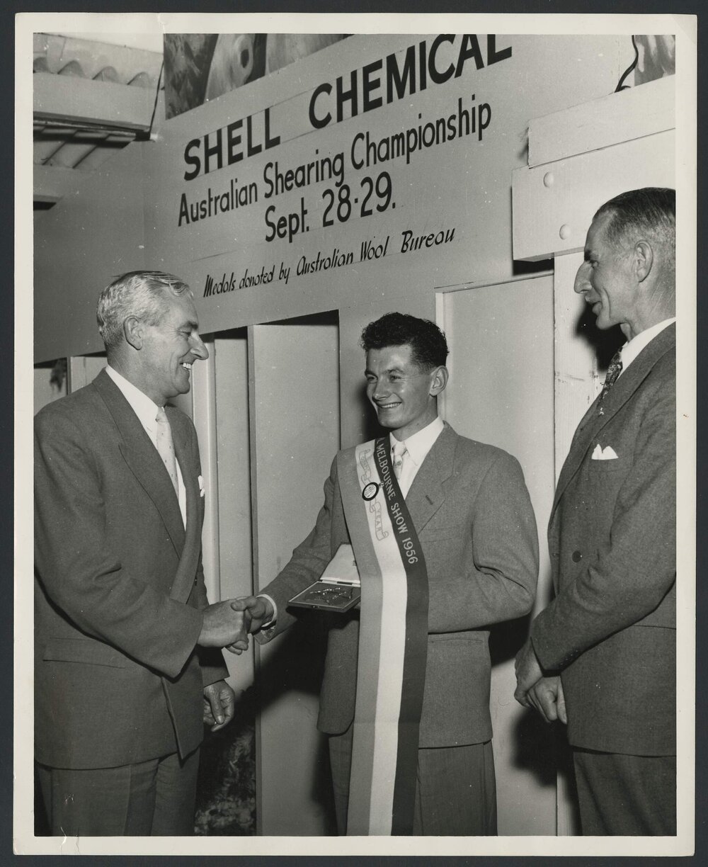 Photographs of sheep shearing championship and Blowfly chemical display at Royal Melbourne Show 1956 [2 of many]