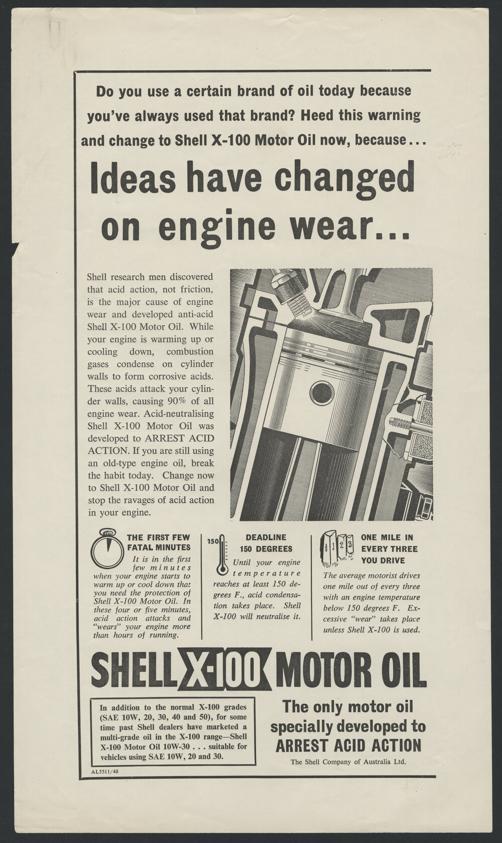 Collection of Shell Advertisements for  Shell X-100 motor oil [5 of many]